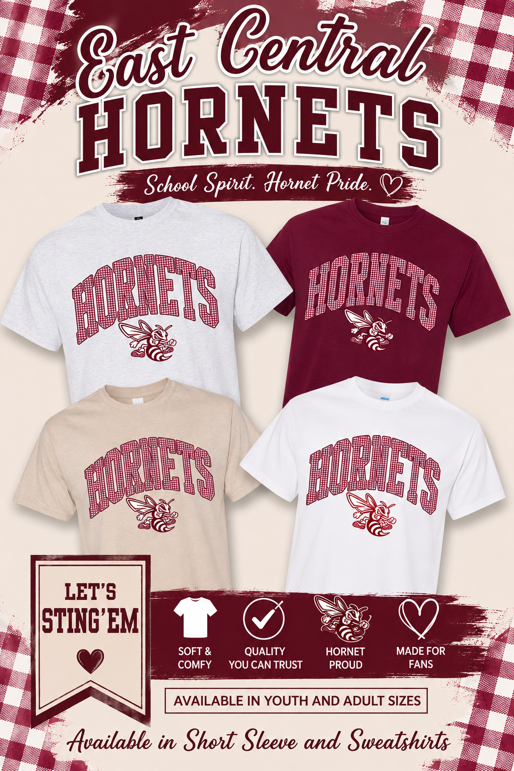 Maroon Gingham Hornets with Mascot